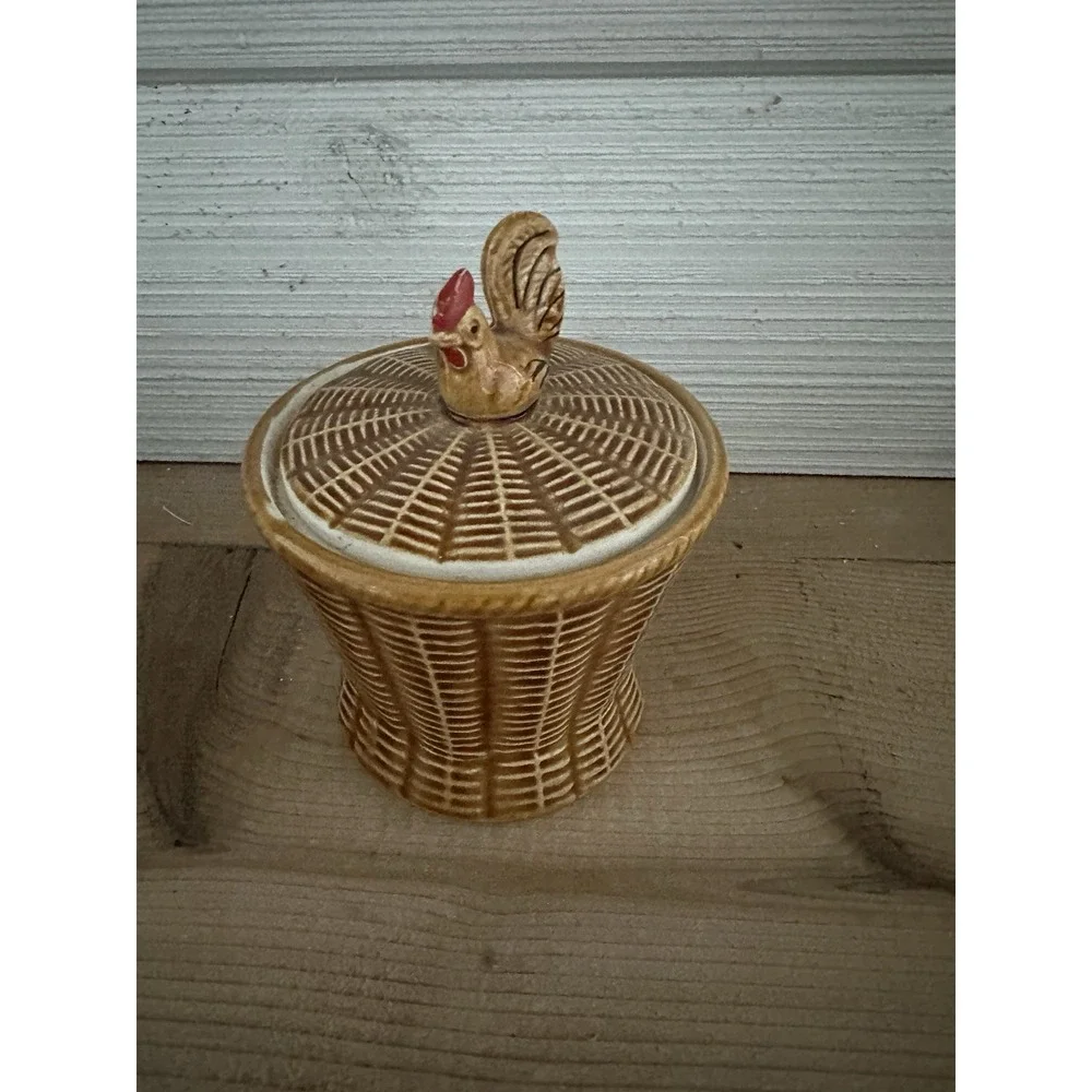 Vintage Japan Ceramic Wicker Basket Lidded Jelly Jar W/Spoon Rooster